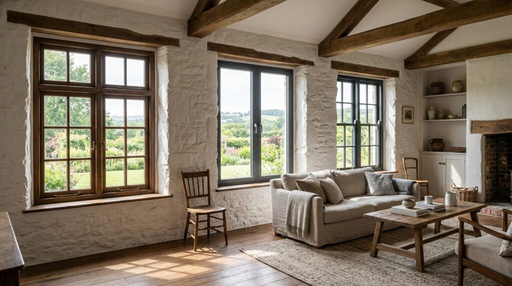 High-quality interior photograph of a renovated farmhouse li