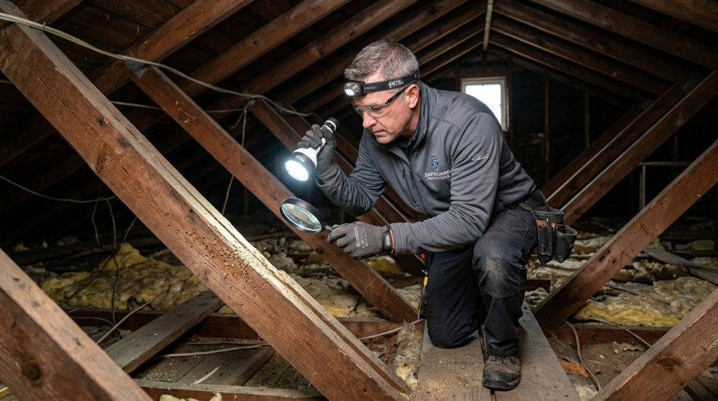 Professional home inspector examining wooden roof structure 