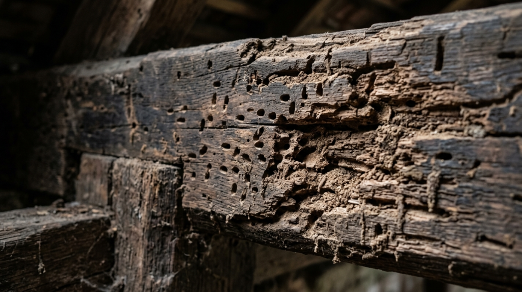 Close-up detail shot of wood boring beetle damage in histori