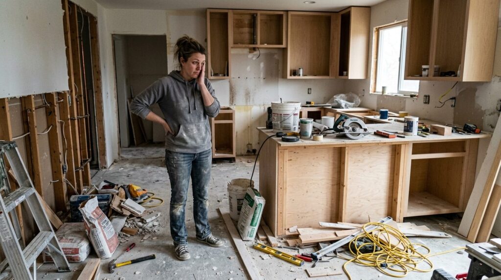 Mand ser frustreret på byggeplads med forsinkelser og uafsluttet renovering.