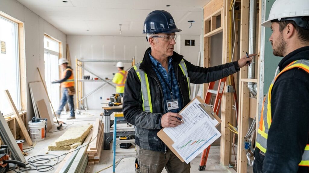 Byggeleder med klemmebræt inspicerer byggepladsen og gennemgår status.